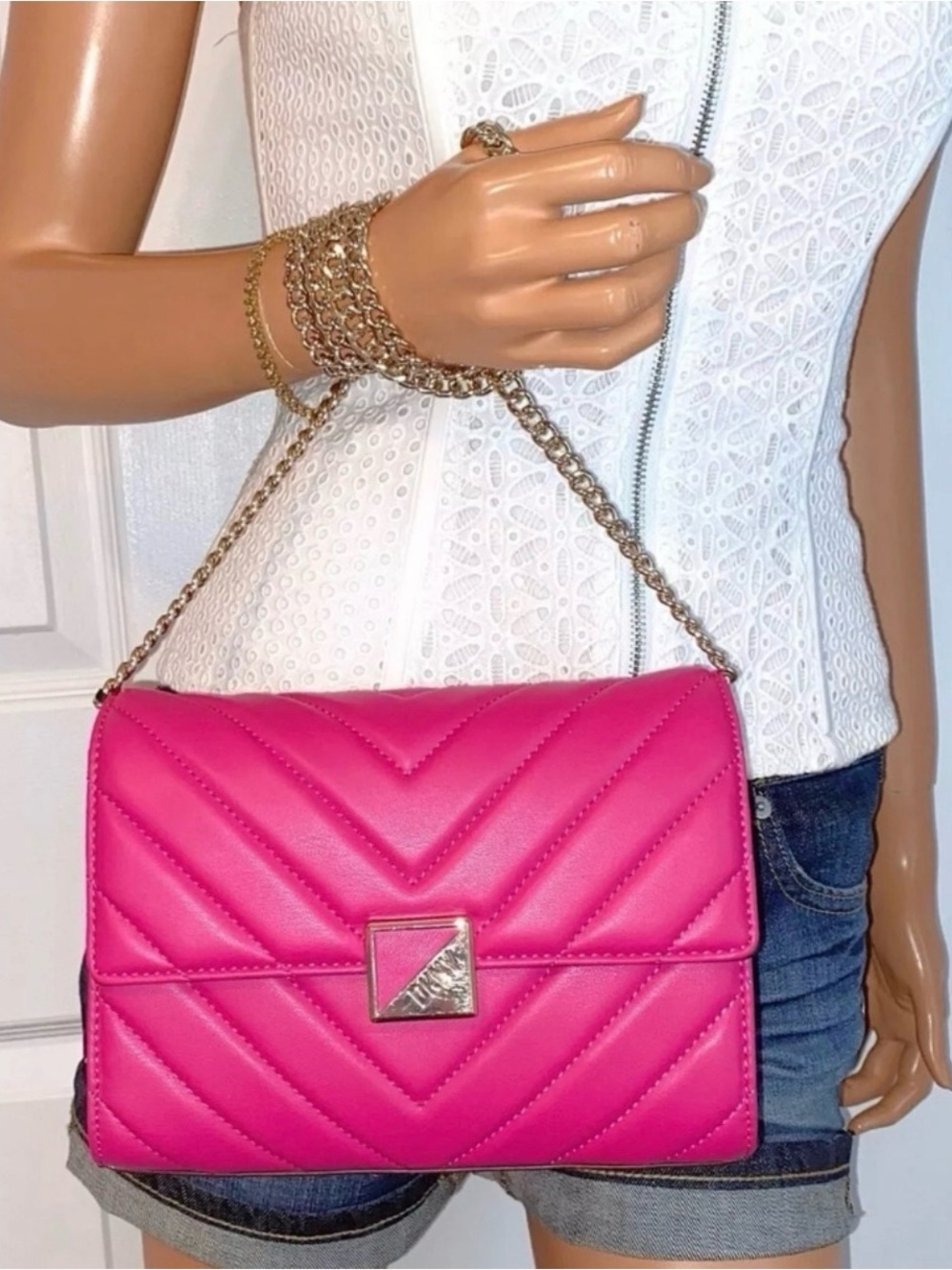 DKNY Devon Clutch Quilt Pink Gold Toned Chain Crossbody Bag - Picture 10 of 10